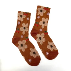 Floral Printed Texture Crew Sock - Caramel
