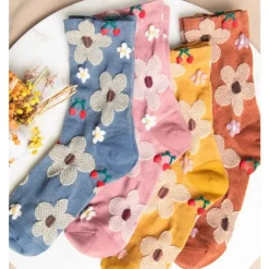 Floral Printed Texture Crew Sock - Caramel